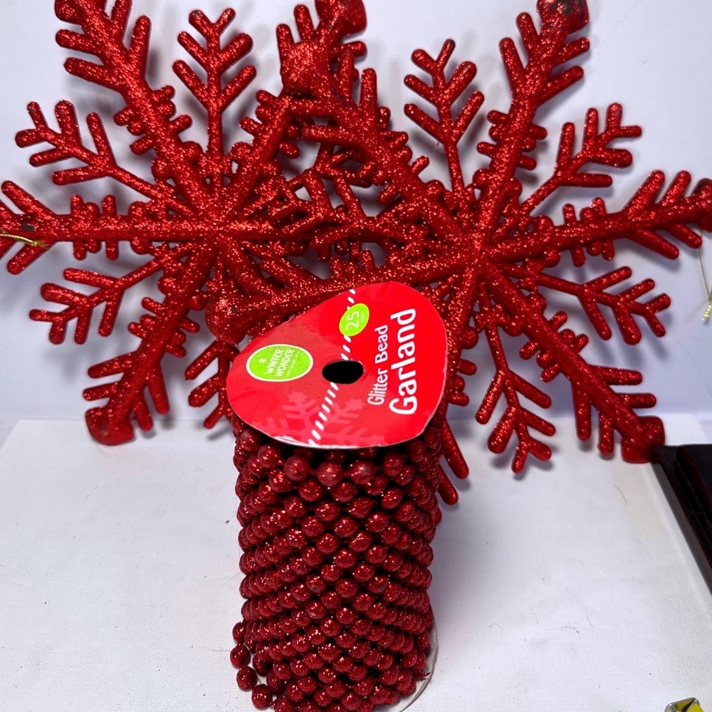 Winter Wonder Lane Red Glitter Bead Garland 25ft & 2 Large Snowflake Ornaments